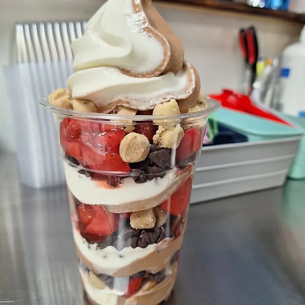 Layered frozen yogurt parfait with strawberries and chocolate chips