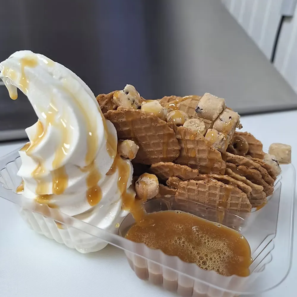 Waffle nachos with frozen yogurt and caramel drizzle